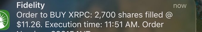A Fidelity notification confirms a buy order for 2,700 shares of XRPC filled at $11.26 at 11:51 AM, corroborating the post's claim of a $30,000 XRP purchase made that morning.