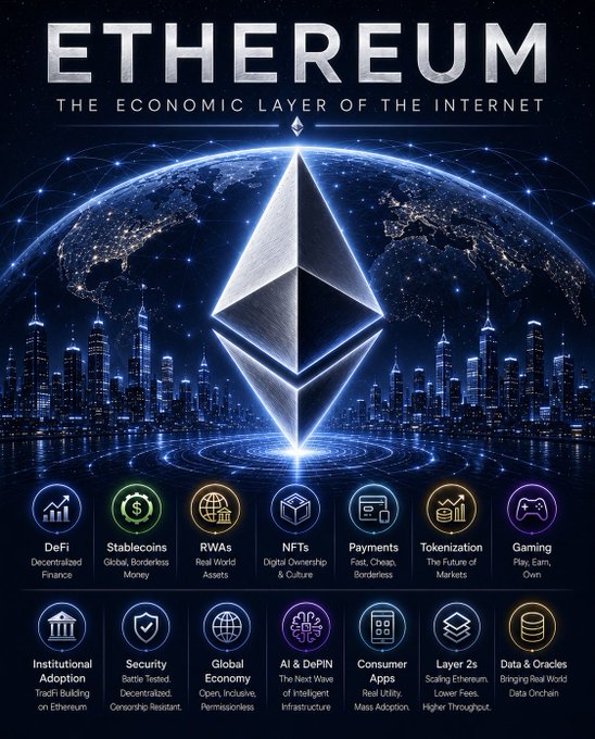 The image presents a poster or flyer featuring an image of a crystal cube with a planet in its center, surrounded by blue dots against a dark background that appears to be the Earth. Below this celestial representation, there are various icons depicting different cryptocurrencies and their use cases, such as Ether, Bitcoin, Ripple, Ethereum smart contracts, DAOFINITY, and others. The text within the image suggests that the focus should be on cryptocurrency markets or economies, with a particular emphasis on Bitcoin and Ethereum.