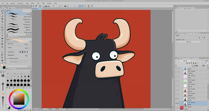 The image shows a digital drawing of a cartoon-style black bull with large curved horns, wide eyes, and a beige snout on a red background, displayed within Krita (version 5.1.2) software with various brush tools and layer menus visible on the interface. This represents a work-in-progress illustration from an artist's NFT collection inspired by "Black Bull," showcasing the hand-drawn creative process.