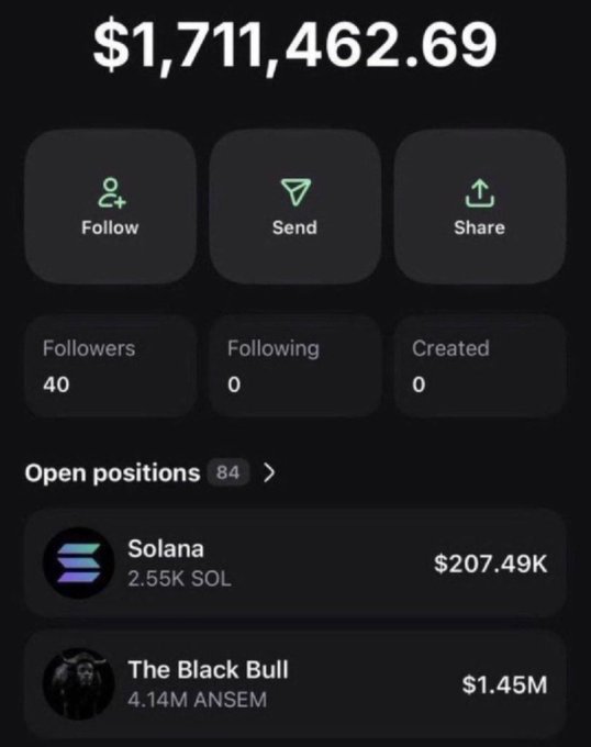 The image shows a portfolio dashboard displaying a total value of **$1,711,462.69**, with 40 followers and 84 open positions. The visible holdings include **2.55K SOL (Solana) at $207.49K** and **4.14M ANSEM at $1.45M** ("The Black Bull"). Action buttons for Follow, Send, and Share are displayed at the top. The image appears to be used as a flex of large crypto holdings—including Solana and the meme coin ANSEM—to lend credibility to the giveaway post asking users to drop their $SOL wallet addresses.