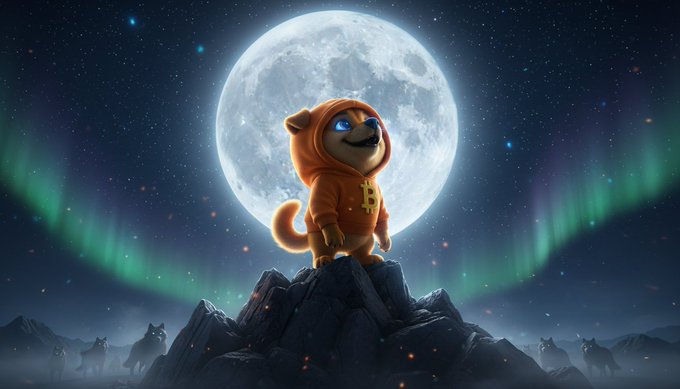 A small, hooded dog character with a glowing eye stands triumphantly on a rocky peak beneath a massive full moon, framed by green auroras and silhouetted wolves—evoking the adventurous spirit of the "$DOG" meme token.