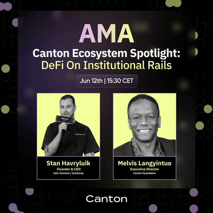 The image features a poster with two men standing next to each other against a purple background. The text on the poster reads "AMA Canton ecosystem spotlight: DefiOn Institutional Rails", which suggests that they are discussing the topic of DefiOn Institutional Railings at an event. The poster also includes the names of the speakers, such as Melis Langytuo and Stan Haylickusk, who have contributed to the discussion on this particular topic.