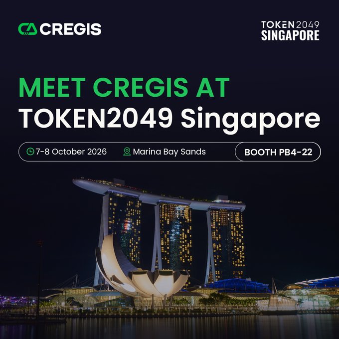 A promotional banner for 'CREGIS' announcing their attendance at 'TOKEN2049 Singapore' on 7-8 October 2026 at Marina Bay Sands, booth PB4-22, featuring a nighttime photo of the iconic Marina Bay Sands hotel.