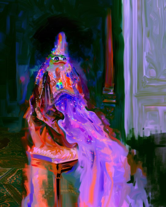 A vibrantly painted digital artwork titled "The Chosen Frog" features a regal frog dressed in royal robes and a crown, seated in a dimly lit ornate chamber, matching the post's announcement of the piece being auctioned live on Networked(dot)Art.