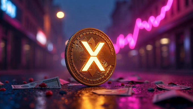 A glowing gold XRP cryptocurrency coin stands upright on a wet, neon-lit street, with dollar bills scattered at its base and a rising pink chart in the background.