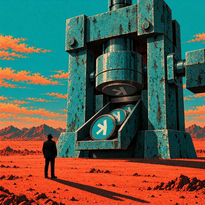 A lone figure in a hat stands before a massive, rusted industrial minting machine stamping out turquoise "K" coins onto a barren red landscape under a teal and peach sky. The image visually represents the Kaspa (KAS) mining emission process, symbolizing the mechanical, block-by-block creation of new KAS tokens as referenced in the post.