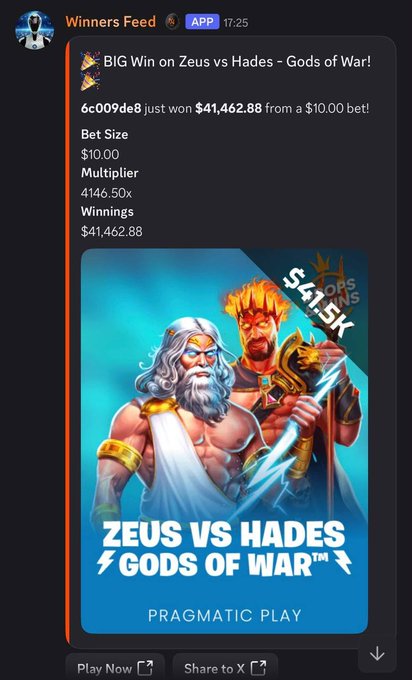 A screenshot of a "Winners Feed" notification showing user "6c009de8" won $41,462.88 from a $10 bet on "Zeus vs Hades - Gods of War" with a 4146.50x multiplier, supporting the claim that MetaWin transparently promotes verifiable real player wins by sharing replays in their Discord.