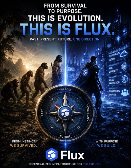 The image features a poster for a company called Flux that promotes its purpose of creating a decentralized infrastructure for computing. The poster includes a blue and white logo, with a group of people depicted as a symbol of evolution. The text on the poster emphasizes the idea of evolution in a new direction, suggesting that the traditional ways of doing things are being redefined by this innovative company.