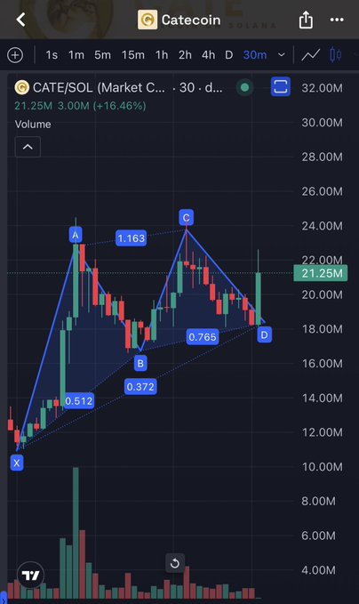 A TradingView candlestick chart of $CATE/SOL on the 30-day timeframe displays a Cypher harmonic pattern with key Fibonacci levels (0.512, 0.765, 1.163) marked across points X, A, B, C, and D, illustrating the post's claim that a 1.61 extension target points toward 30M.