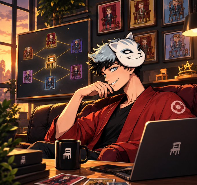 Anime-style artwork of a man wearing a fox mask and a red robe, sitting with a laptop and mug in a room decorated with framed NFT character portraits.