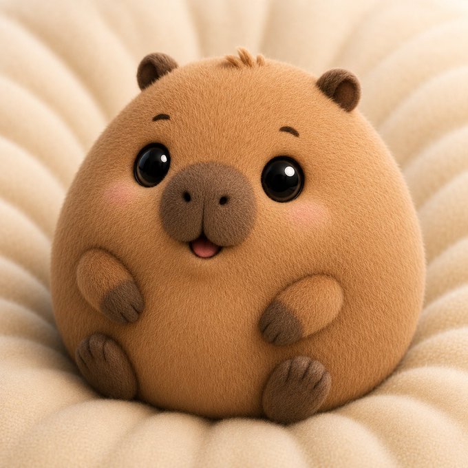 A 3D-rendered, round, fluffy capybara plushie with large glossy eyes, rosy cheeks, and an open mouth sits on a cream-colored tufted surface.