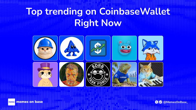 A graphic titled "Top trending on CoinbaseWallet Right Now" displays a 2x5 grid of ten meme coin icons—including cats in hard hats and top hats, a Godzilla lizard, an iguana in a Coinbase shirt, and a "SDRS Task Force" logo—representing trending tokens like $BASECAT, $BLUECHIP, $STONKEX, and $BRETT, with the watermark "memes on base" and handle "@MemesOnBase_" at the bottom.