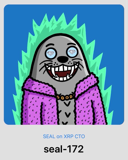 A cartoon seal character with diamond-shaped eyes, a wide toothy grin, and a pink fuzzy coat stands against a backdrop of teal flames on a blue background. The image is labeled "SEAL on XRP CTO" with the identifier "seal-172" below, indicating this is an official member card for the "SEAL on XRP" community.