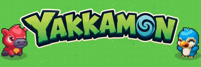 A vibrant banner for 'YAKKAMON' featuring pixel-art style creatures—a red dragon-like character on the left and a blue bird-like character on the right—against a green background with subtle decorative dots.