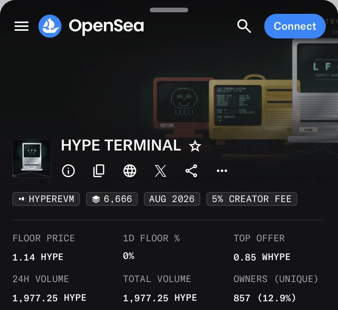 The image shows an OpenSea collection page for "HYPE TERMINAL" featuring stats including a floor price of 1.14 HYPE, top offer of 0.85 WHYPE, and 24H volume of 1,977.25 HYPE across 857 unique owners (12.9%), on the HyperEVM chain with 6,666 items. This supports the post's celebration of achieving a 1 HYPE+ floor price milestone for the Hype Terminal collection.