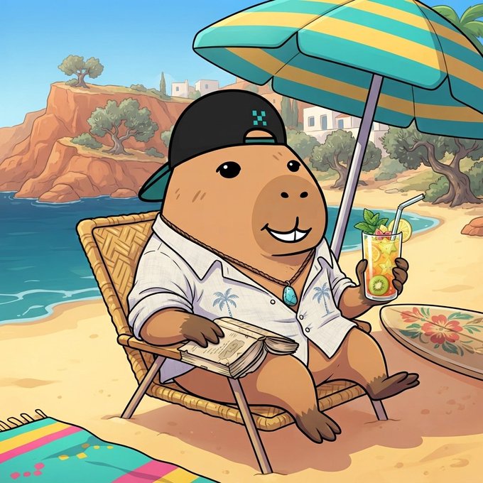 This cartoon capybara in a cap and Hawaiian shirt is enjoying a drink and a book on the beach, perfectly capturing the "sold some crypto to enjoy the weekend" vibe. The image visually represents a relaxed Saturday, aligning with the user's post.