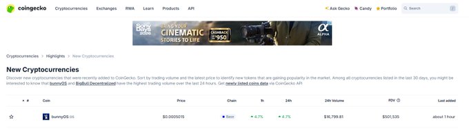 The image shows a CoinGecko page displaying new cryptocurrency listings, with "bennyOS ($OS)" featured at a price of $0.00050115, up 4.7% in both 1-hour and 24-hour charts, with a 24-hour volume of $16,799.81. The post celebrates CoinGecko's listing of $OS, positioning it as the next-generation Zora, which aligns with the screenshot showcasing the token's recent addition to the platform's tracked cryptocurrencies.