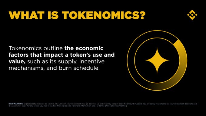 The image features an educational slide titled "WHAT IS TOKENOMICS?" with text explaining that tokenomics outline the economic factors impacting a token's use and value, including supply, incentive mechanisms, and burn schedules. It includes a Binance-style logo and a gold circular graphic with a four-pointed star, accompanied by a risk warning at the bottom.

The image visually supports the post by defining tokenomics and highlighting key components (supply, incentives, burn schedules) that determine how a token functions and is valued.