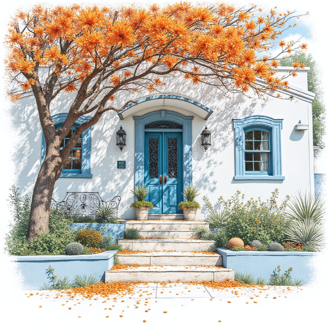 The image features a white house with blue doors and windows, surrounded by various plants and flowers. The house has a porch with a bench and potted plants placed around it. There are also orange flowers blooming near the house, adding a vibrant touch to the scene. The image is related to the post because it contains text that reads "Your item Sold! Thank you so much dear Stanley | Meta Spiders for appreciating my ART. It means more than words can tell." This message seems to be about selling an item or promoting something in the image, possibly related to the house and its surroundings.