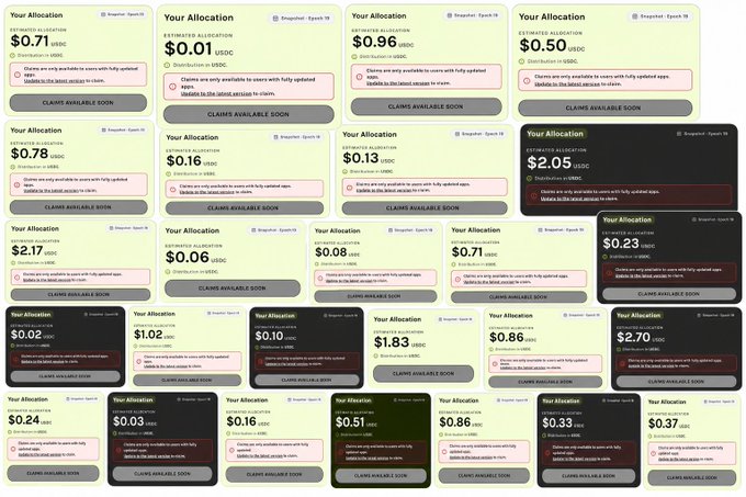 A grid of multiple 'Your Allocation' Snapshot Epoch 16 screenshots showing various USDC distributions ranging from $0.01 to $2.70, with most marked 'CLAIMS AVAILABLE SOON'.