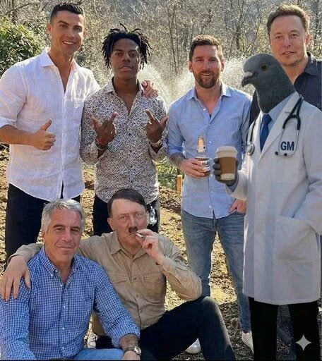 This surreal, AI-generated image for "crypto twitter reunion 2040" features a pigeon in a doctor's lab coat standing alongside famous figures like Elon Musk, Cristiano Ronaldo, Lionel Messi, and a man in a patterned shirt. The collage depicts a bizarre futuristic gathering of celebrities and a pigeon as a satirical take on a future reunion.