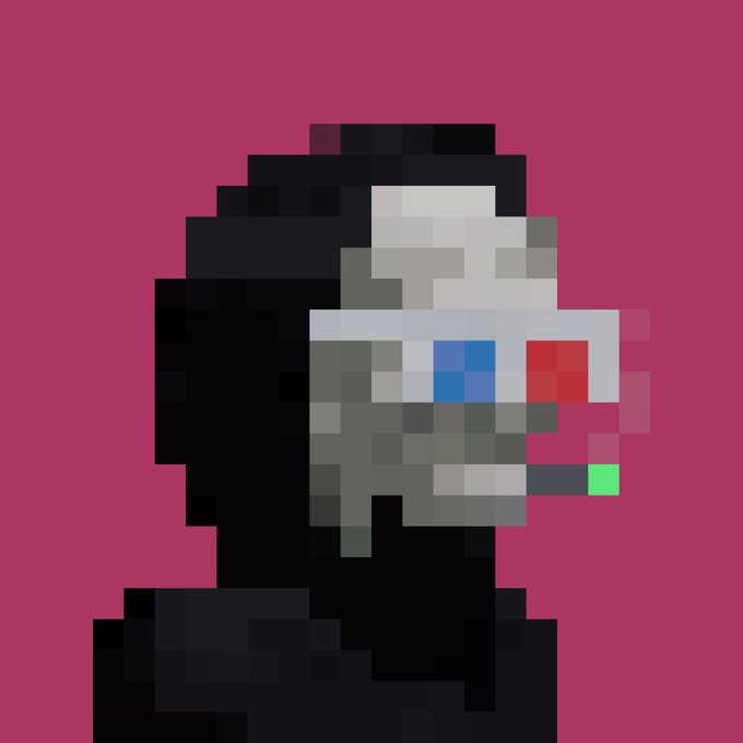 Pixel art portrait of a character with a futuristic headset/visor featuring blue and red lenses against a dark magenta background.