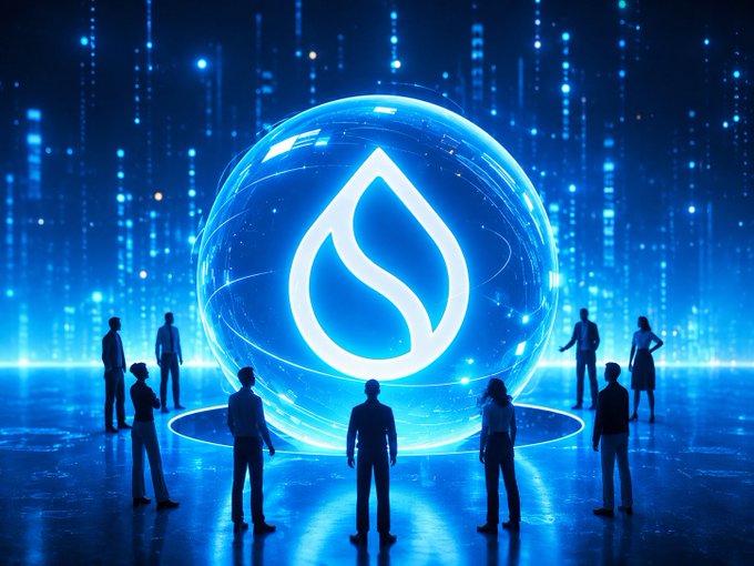 A futuristic digital art illustration showing silhouettes of people standing around a large glowing blue sphere containing the Sui cryptocurrency logo, set against a high-tech blue digital background.