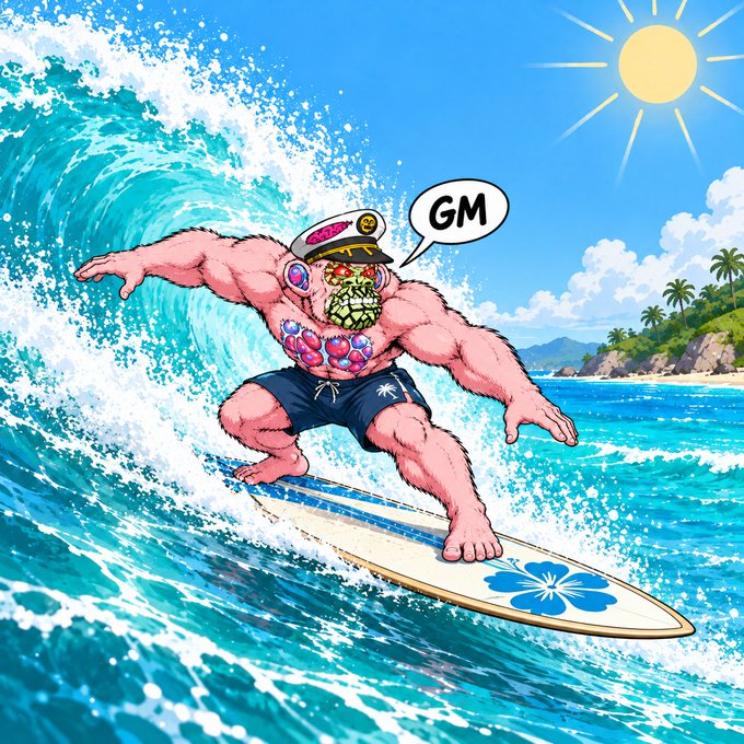 A muscular pink furry character with a captain's hat, hibiscus sunglasses, and floral lei surfs a wave while a speech bubble reads "GM," matching the "Good Morning" post.