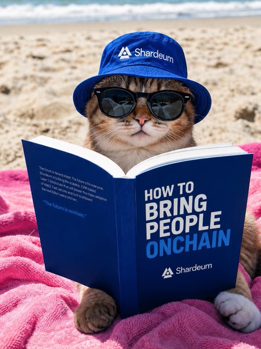 The image features a cat wearing sunglasses, hat, and glasses while sitting on a blanket at the beach with an open book titled "How To Bring People Onchain". The text of the book reads "How To Bring People Onchain", which is related to the concept of blockchain technology. The post also mentions that it's Friday vibes, suggesting a relaxed and casual atmosphere for learning about new ideas or concepts.