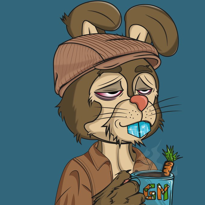 The image features a cartoon rabbit sitting next to a cup of coffee. The rabbit appears to be holding the cup with one paw while looking down at its foot, giving off a relaxed vibe. The background color for the illustration seems to have blue tones that stand out against the overall composition.
