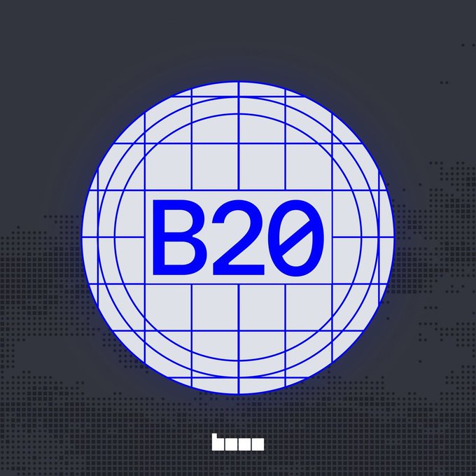A blue and gray circular logo with the text "B20" centered on a wireframe globe, displayed over a pixelated world map background.

The image appears to serve as a visual emblem for B20, a token or blockchain project, which aligns with the post's discussion about the complexities of representing stocks and traditional assets onchain—highlighting issues like dividends, splits, and compliance that standard token frameworks may not adequately address.