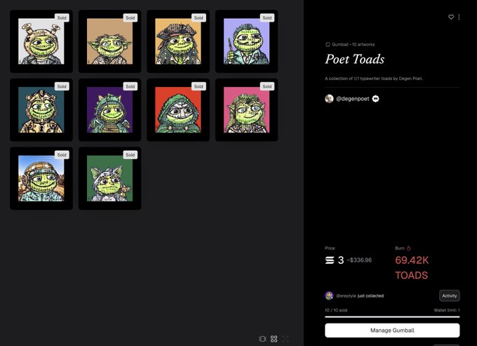 A screenshot of an NFT marketplace showing the 'Poet Toads' collection by @degenpoet, featuring 10 artwork pieces of pixel-art toads with various hats and accessories, priced at 3 ETH ($336.96) with a burn value of 69.42K TOADS.