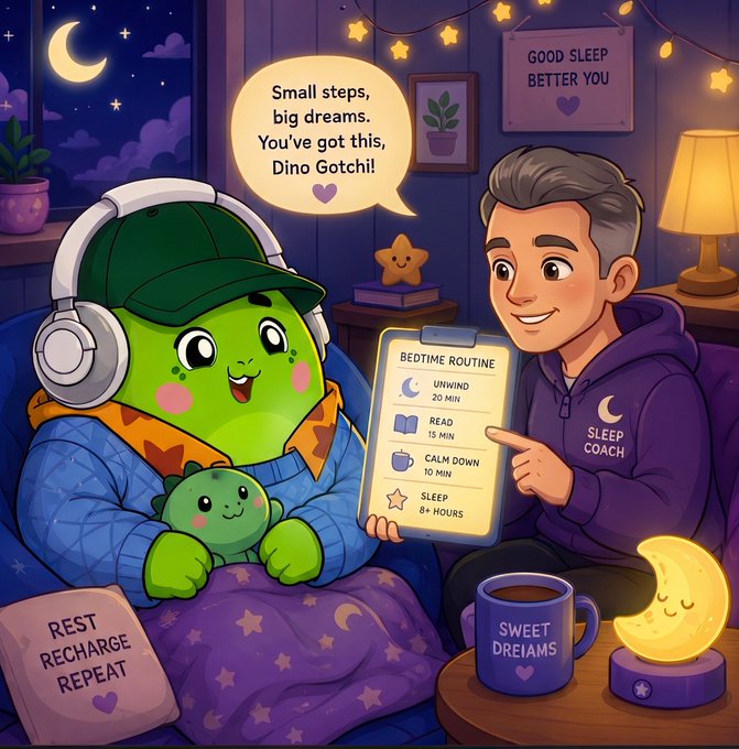 The image features a cartoon illustration of two characters, one wearing headphones and another holding a clipboard with sleep schedules written on it. The character with headphones appears to be listening to music or a podcast while the other character seems to be giving advice about sleep routines. The background includes a bed, a clock, and a cup, suggesting that they are in a bedroom setting.