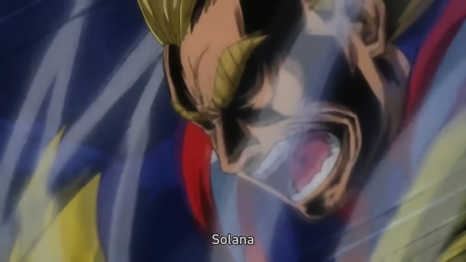 An intense anime scene of a blonde character (All Might from My Hero Academia) shouting, with the caption 'Solana' overlaid at the bottom.