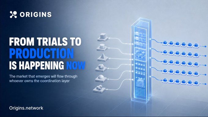 A promotional graphic for ORIGINS featuring the text "FROM TRIALS TO PRODUCTION IS HAPPENING NOW" and "Origins.network", with a tagline about the coordination layer and a 3D illustration of a server tower connected to multiple devices.