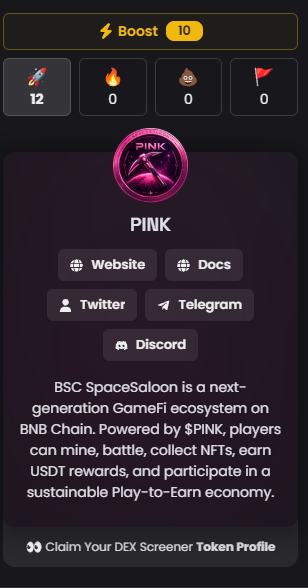 A promotional graphic for the PINK token on BSC SpaceSaloon, a GameFi ecosystem on BNB Chain, displaying links for Website, Docs, Twitter, Telegram, and Discord.