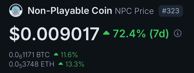 A cryptocurrency price tracker showing 'Non-Playable Coin NPC Price' at $0.009017, up 72.4% over 7 days, with rankings #323.