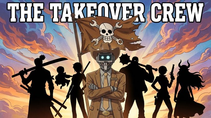 An anime-style illustration titled 'THE TAKEOVER CREW' featuring a suited robot in front of silhouetted warriors under a sunset sky.