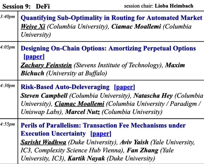 This image is a schedule for "Session 9: DeFi," featuring four research papers with their titles, presentation times (ranging from 3:40 pm to 4:55 pm), and authors, such as Weiye Xi and Ciamac Moallemi. It serves as a visual agenda for the session mentioned in the accompanying post.