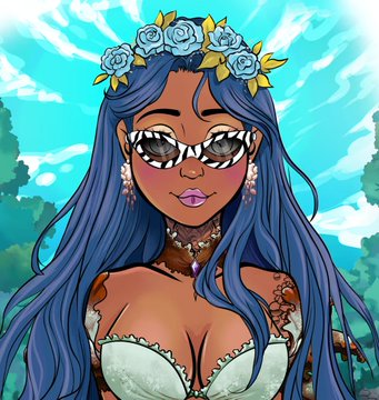 A digital illustration of a woman with long blue hair, a blue rose crown, white sunglasses, and a white lace top against a sky background.