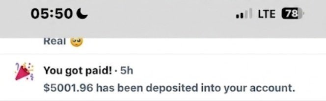 The image shows a screenshot of a social media message or chat conversation, which is posted on Twitter. The main text of the message reads "you got paid", stating that someone has deposited $5k into your account. This indicates that you are receiving money from an individual named "Elon pay what's first with it".