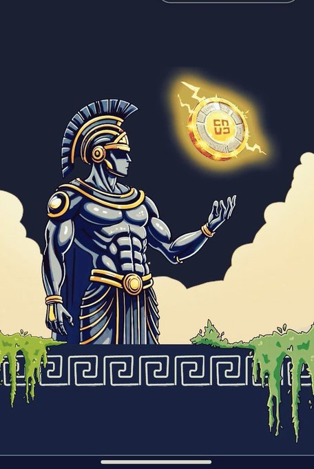 Illustration of a Greek/Roman warrior with a gold helmet reaching toward a floating glowing gold coin with a "GD" or similar logo, set against a night sky with a Greek key border pattern.