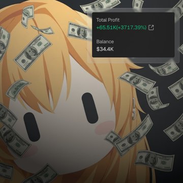 An anime-style character with orange hair is showered by floating dollar bills, overlaid with a trading widget showing a Total Profit of +$65.51K (+3717.39%) and a Balance of $34.4K, visually celebrating the viral memecoin gains tied to the Grok Bot PFP trend described in the post.
