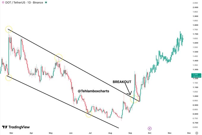A TradingView daily chart of DOT/TetherUS on Binance showing the cryptocurrency breaking out of a multi-month descending channel, with the breakout point circled and labeled around late August/early September as price surged from ~$1.00 toward $1.75. The annotated text "BREAKOUT" highlights DOT's transition from a downtrend of lower highs to a strong uptrend, aligning with the caption's bullish sentiment.
