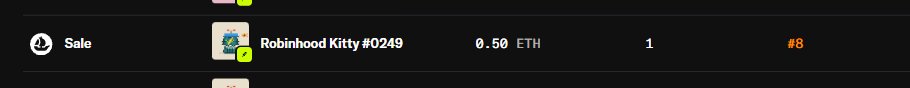 A screenshot of a marketplace listing shows a "Sale" entry for "Robinhood Kitty #0249" priced at 0.50 ETH, directly illustrating the post's claim that someone paid half an Ethereum for a counterfeit NFT collection.