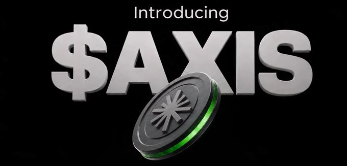 A promotional graphic reading 'Introducing $AXIS' in large silver metallic letters with a 3D coin bearing a starburst symbol and a glowing green edge.