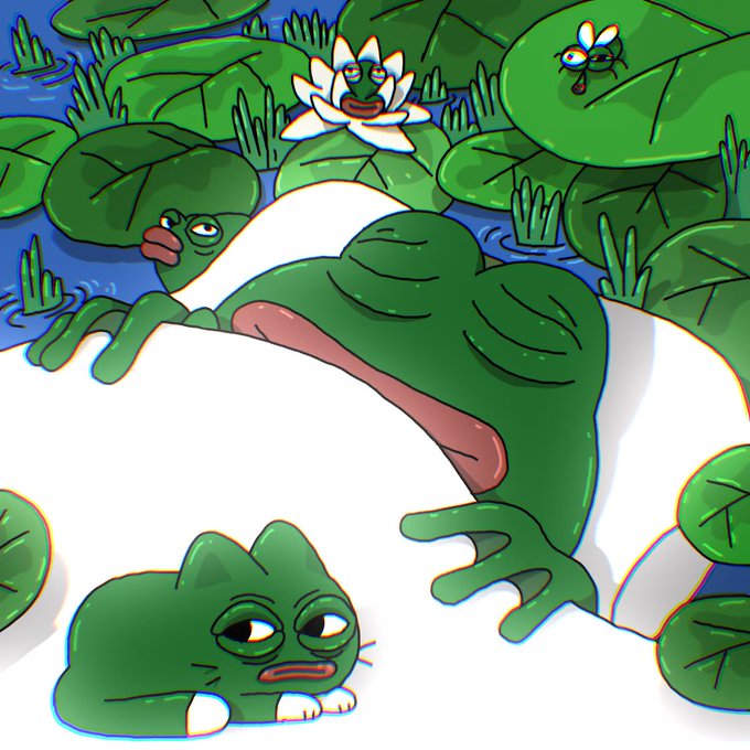 A cartoon illustration shows various green frog characters in a pond with lily pads, including a large frog on a white surface and a sad-looking frog in the foreground.