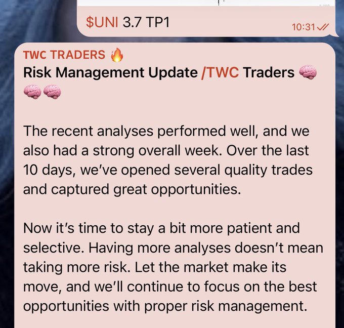The image shows a message posted by a user regarding Risk Management Update for TWC Traders. The text displayed states, "Risk Plan As I mentioned in the TWC Traders channel, we've had a very productive last 10 days.Personally, I secured some solid profits and took advantage of the opportunities that were presented". 
The image also shows an example of how the user has used risk management to their advantage by capturing excellent market opportunities with proper risk management.