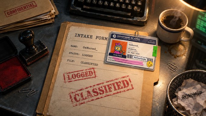 A close-up of a desk with an "INTAKE FORM" for "OxMurad" marked "LOGGED" and "CLASSIFIED" in red stamps, alongside a "DEPARTMENT OF POND" visitor badge and a cup of coffee.