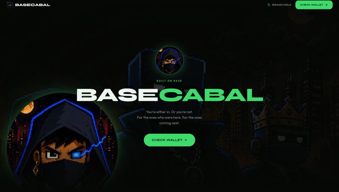 A website for "BASECABAL" featuring a hooded character with a glowing blue eye, the tagline "BUILT ON BASE", and a "CHECK WALLET" button.